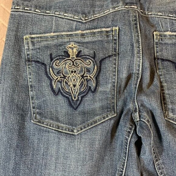 Leo Roma Women 9 Denim Jeans Blue Flare Low Rise Western Y2K Embroidered Pockets - Picture 12 of 12
